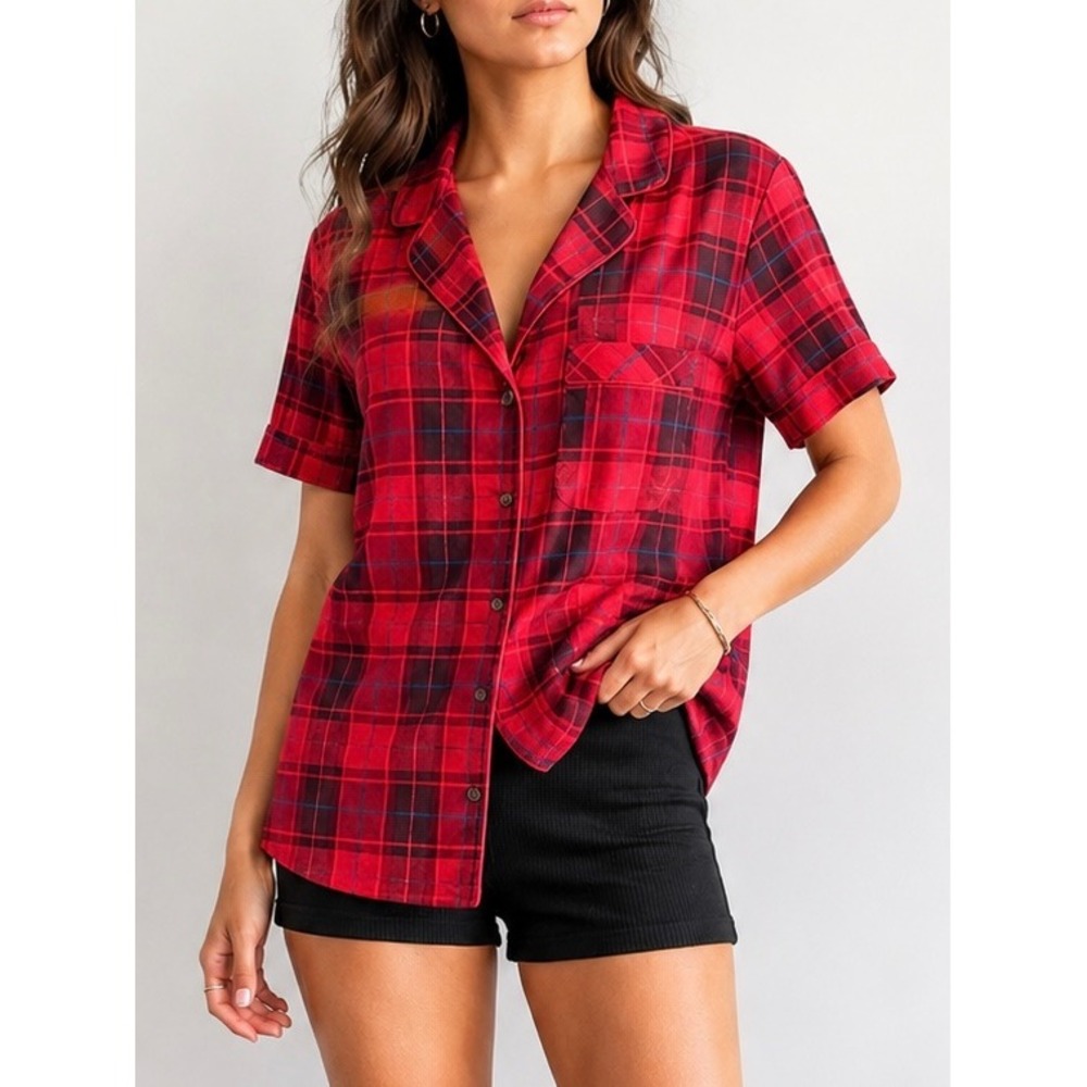 Victoria's Secret Red Plaid‎ Metallic Pajama Top Short Sleeve NWT XS